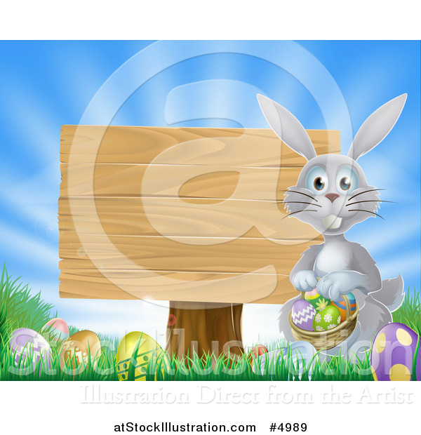 Vector Illustration of a Gray Bunny by a Posted Wood Sign with a Basket, Grass and Easter Eggs