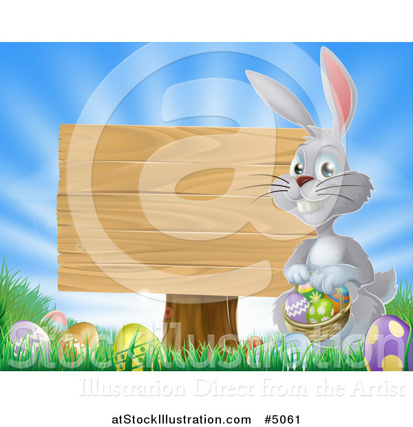 Vector Illustration of a Gray Bunny by a Wood Sign with a Basket, Grass and Easter Eggs