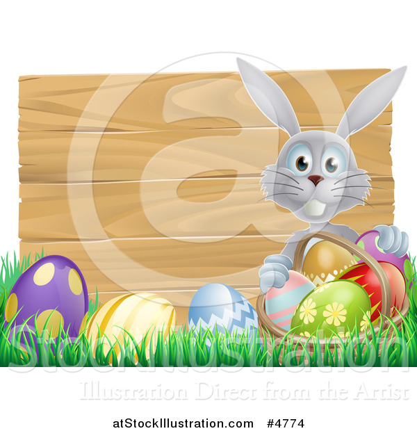 Vector Illustration of a Gray Bunny over a Wood Sign and Easter Eggs