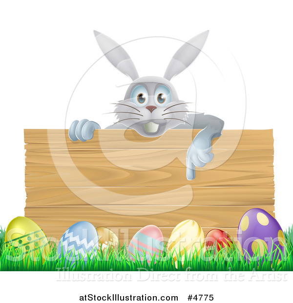 Vector Illustration of a Gray Bunny over a Wood Sign and Easter Eggs