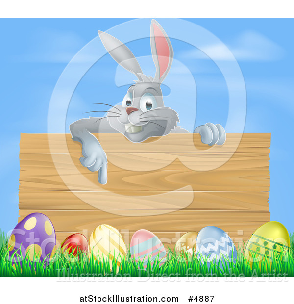 Vector Illustration of a Gray Bunny Pointing down to a Wood Sign with Grass and Easter Eggs