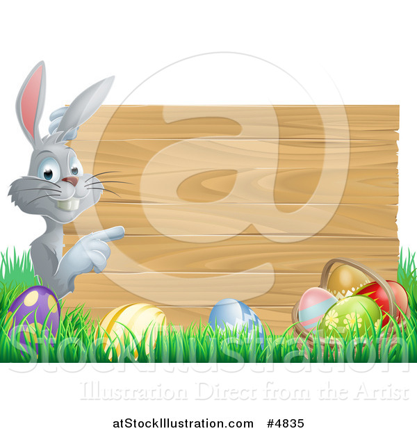 Vector Illustration of a Gray Bunny Pointing to a Wood Sign with Grass and Easter Eggs