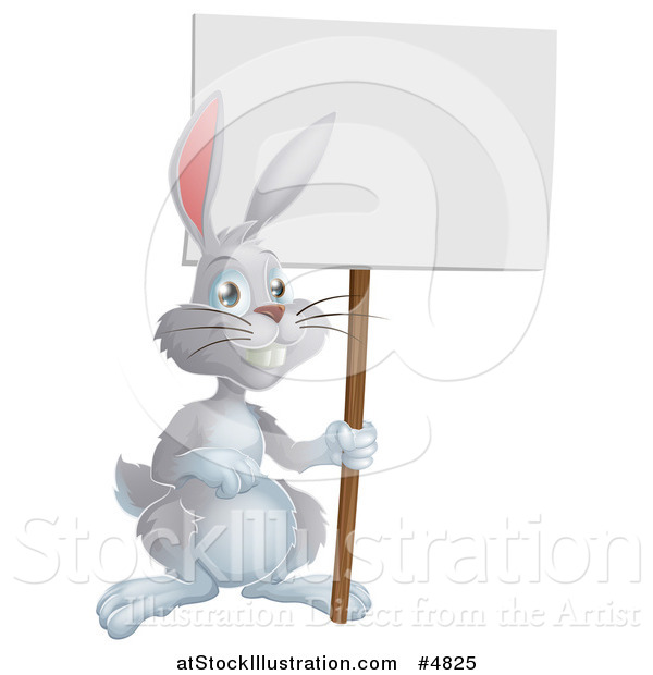 Vector Illustration of a Gray Bunny Rabbit Holding a Sign