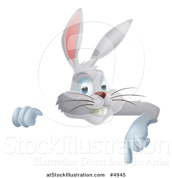 Vector Illustration of a Gray Bunny Rabbit Pointing down over a Sign