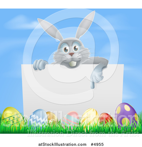 Vector Illustration of a Gray Bunny Rabbit Pointing down to a Sign with Grass and Easter Eggs