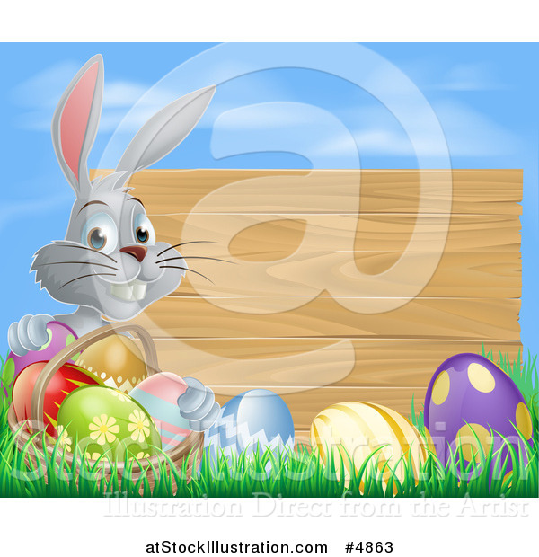 Vector Illustration of a Gray Bunny Rabbit with a Basket and Easter Eggs by a Wooden Sign Under a Blue Sky