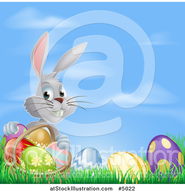 Vector Illustration of a Gray Bunny Rabbit with Easter Eggs and a Basket Against Sky