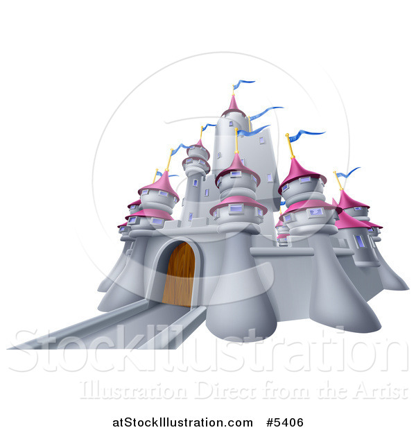 Vector Illustration of a Gray Castle with Pink Turrets and Blue Flags