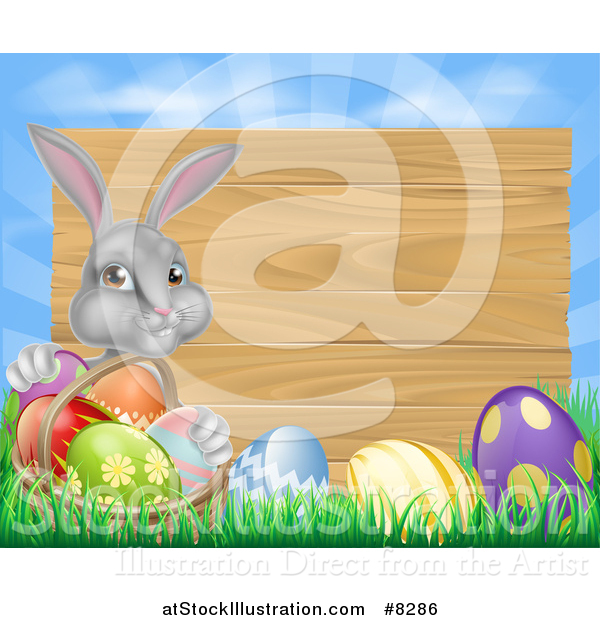 Vector Illustration of a Gray Easter Bunny Rabbit with Eggs and a Basket, in Front of Blank Wood Sign Against Sky