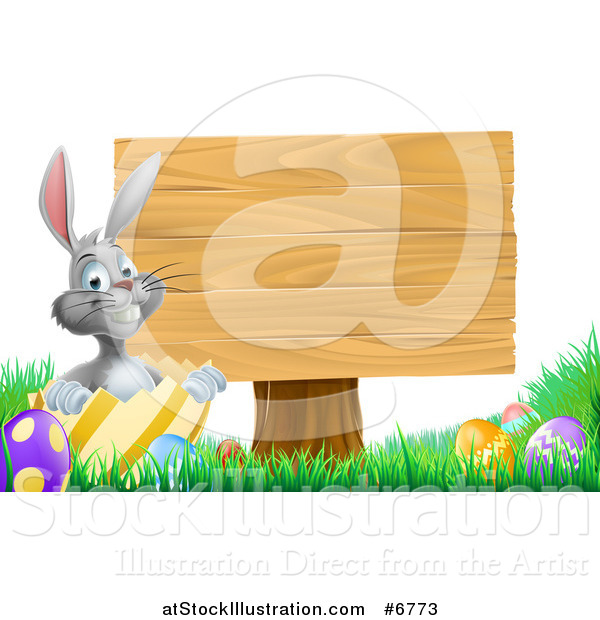 Vector Illustration of a Gray Easter Bunny Rabbit with Eggs, Sitting in a Shell by a Blank Wood Sign