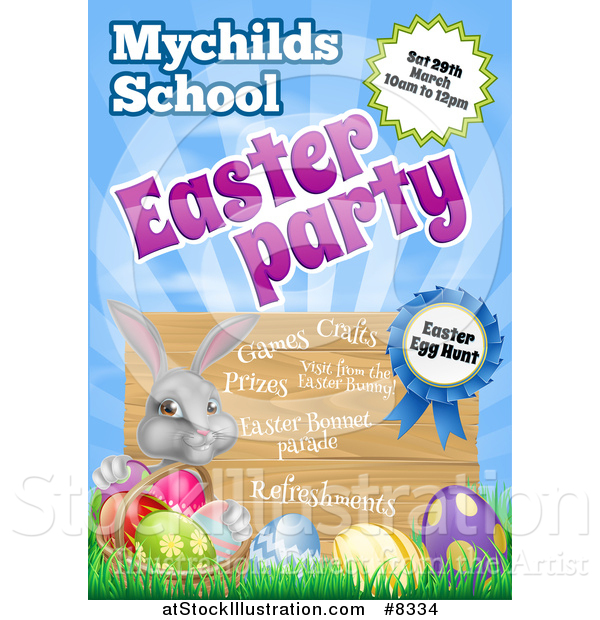 Vector Illustration of a Gray Easter Bunny with Eggs in the Grass Under Party Text and a Sign