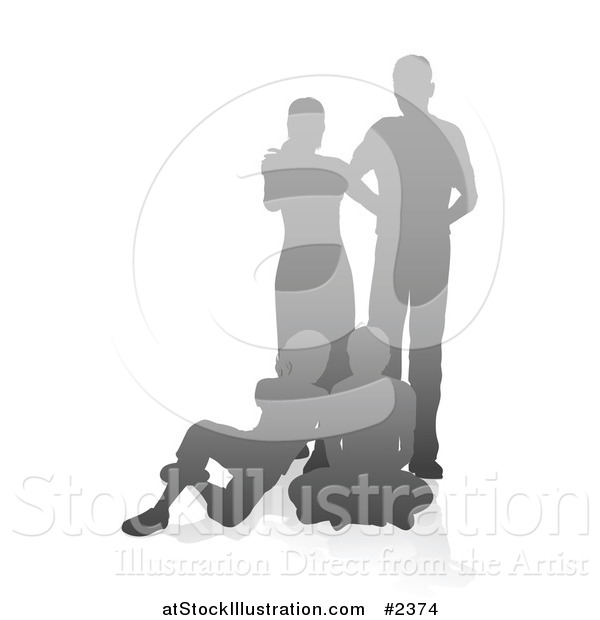 Vector Illustration of a Gray Gradient Silhouetted Family with the Parents Standing and Children Sitting