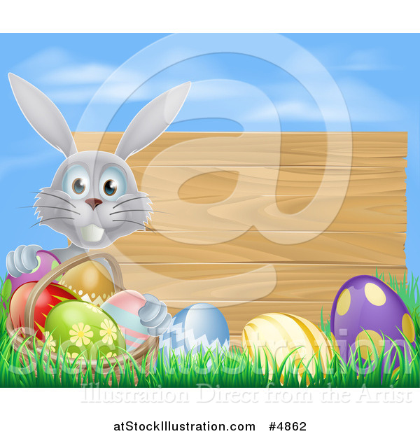 Vector Illustration of a Gray Rabbit with a Basket and Easter Eggs by a Wooden Sign Under a Blue Sky