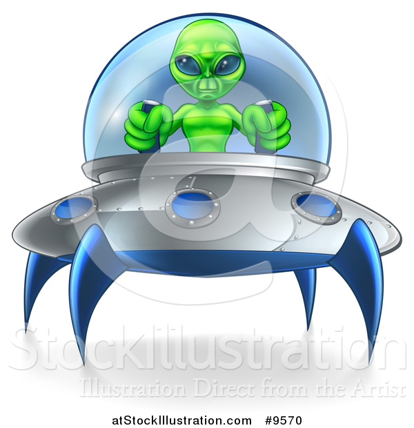 Vector Illustration of a Green Alien Flying a Ufo