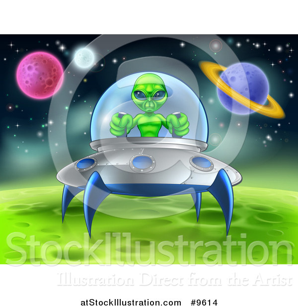 Vector Illustration of a Green Alien Landing a Ufo on a Green Planet or Moon