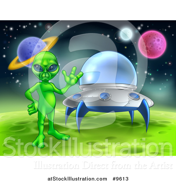 Vector Illustration of a Green Alien Waving by a Ufo on a Green Planet or Moon