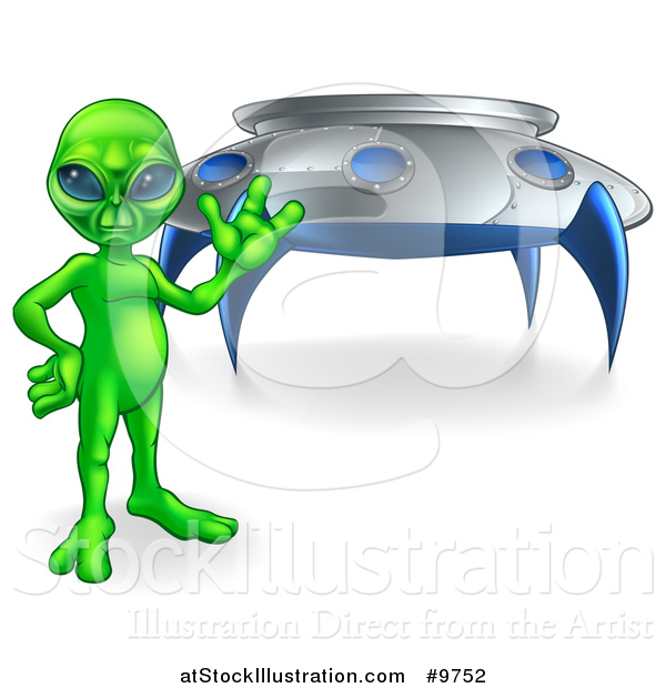 Vector Illustration of a Green Alien Waving or Presenting by a UFO