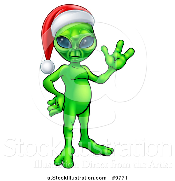 Vector Illustration of a Green Alien Wearing a Christmas Santa Hat and Waving