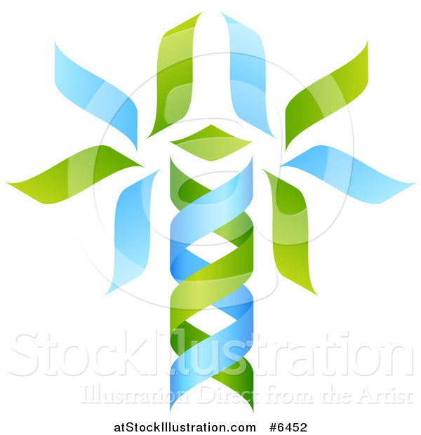 Vector Illustration of a Green and Blue DNA Double Helix Tree Shaped like a Caduceus