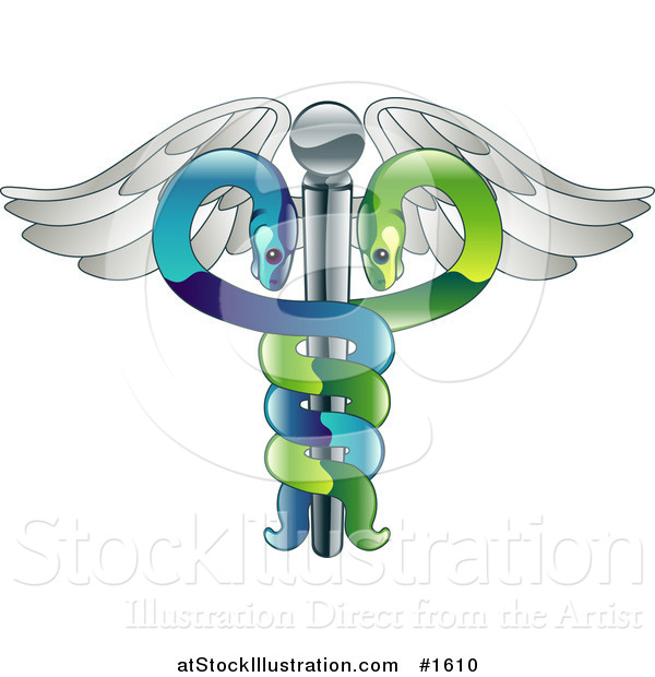 Vector Illustration of a Green and Blue Winged Medical Caduceus