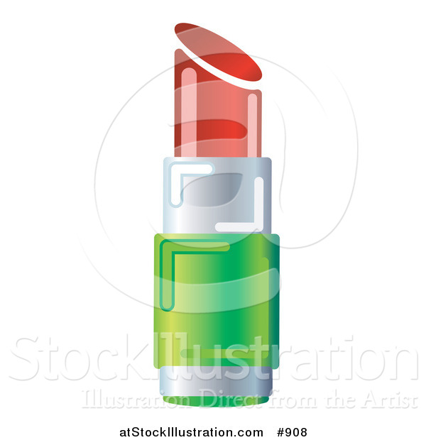 Vector Illustration of a Green and Chrome Tube of Deep Red Lipstick with the Cap off