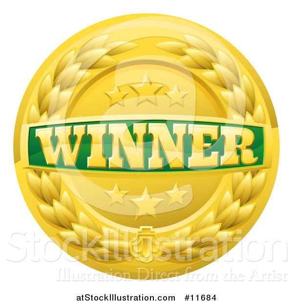 Vector Illustration of a Green and Gold Winner Badge with Stars and a Laurel Wreath