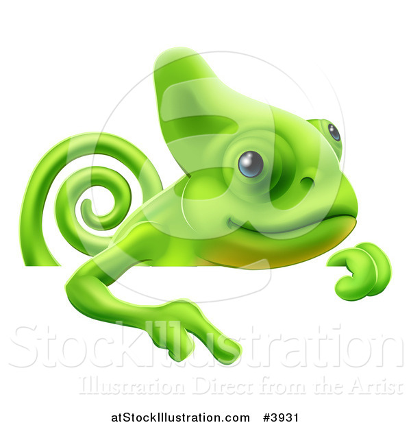 Vector Illustration of a Green Chameleon Pointing down at a Sign