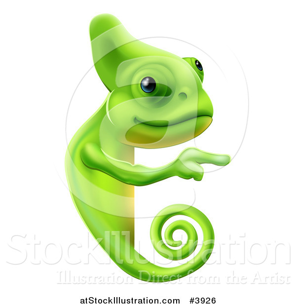 Vector Illustration of a Green Chameleon Pointing to a Sign