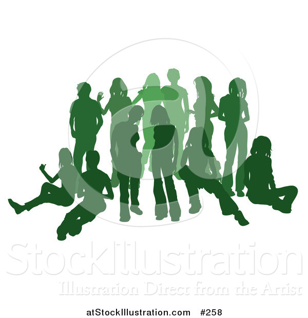 Vector Illustration of a Green Group of Silhouetted People Hanging out in a Crowd