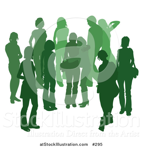 Vector Illustration of a Green Group of Silhouetted People Hanging out in a Crowd, Two Friends Embracing in the Middle