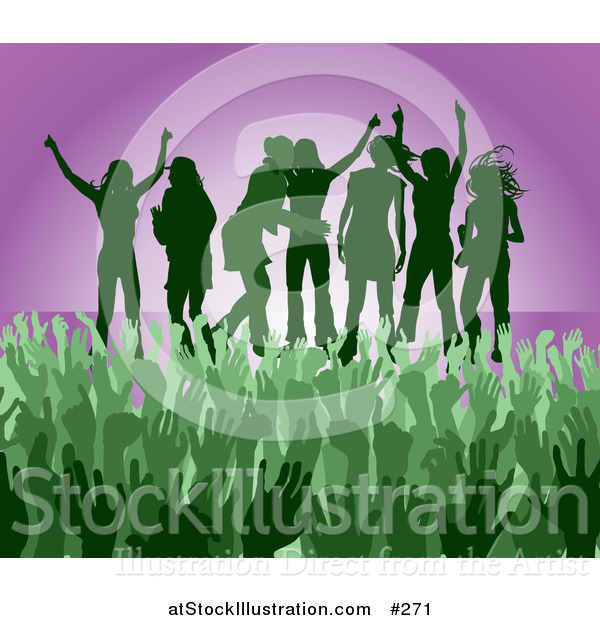 Vector Illustration of a Green Group of Silhouetted Women Raising Their Arms and Celebrating on Stage at a Concert