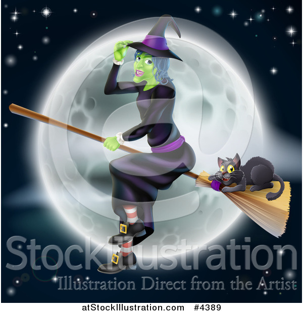 Vector Illustration of a Green Halloween Witch Flying with a Cat on a Broomstick over a Full Moon