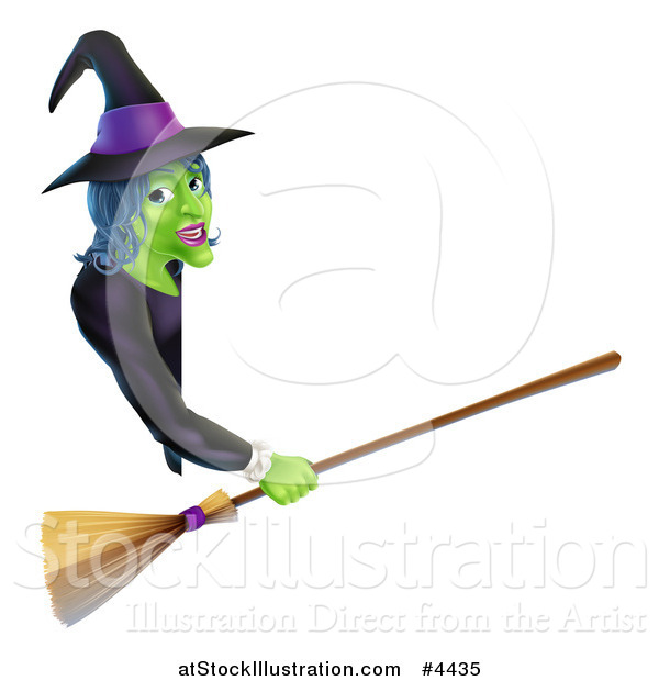 Vector Illustration of a Green Halloween Witch Holding a Broom and Pointing to a Sign Board