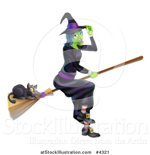 Vector Illustration of a Green Halloween Witch Tipping Her Hat and Flying with a Black Cat on a Broomstick