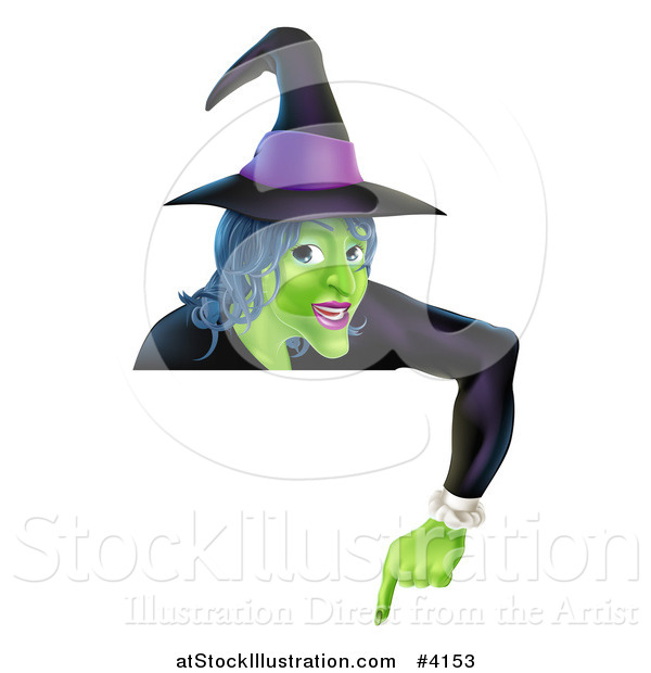 Vector Illustration of a Green Halloween Witch Wearing a Hat and Pointing down at a Sign