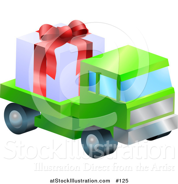 Vector Illustration of a Green Lorry Toy Truck Hauling a Christmas Present