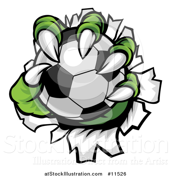 Vector Illustration of a Green Monster Claws Ripping Through Metal with a Soccer Ball