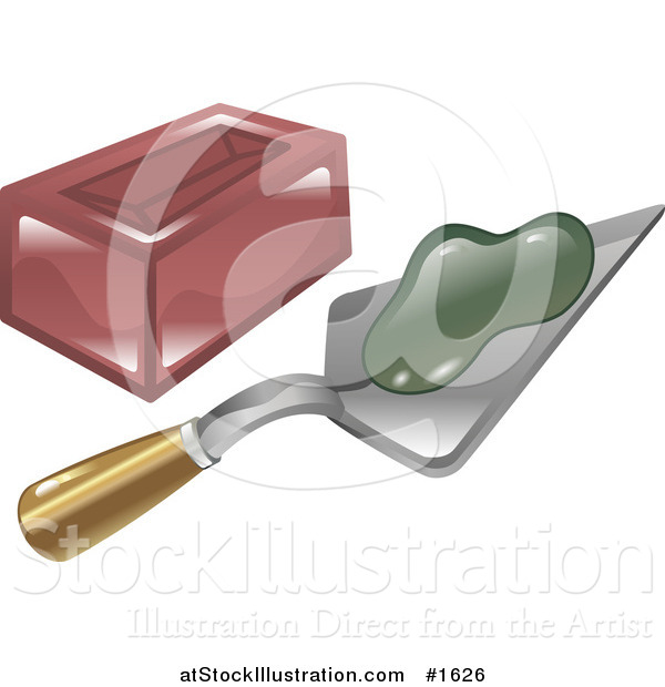 Vector Illustration of a Green Mortar on a Trowel Beside a Brick
