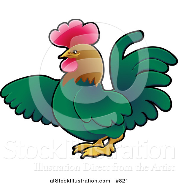 Vector Illustration of a Green Rooster with a Brown Head and Red Comb, Using His Wing to Point to the Left