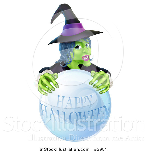 Vector Illustration of a Green Witch Behind a Happy Halloween Crystal Ball