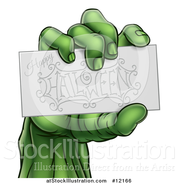 Vector Illustration of a Green Zombie Hand Holding a Happy Halloween Card