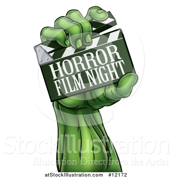 Vector Illustration of a Green Zombie Hand Holding a Horror Film Night Clapperboard