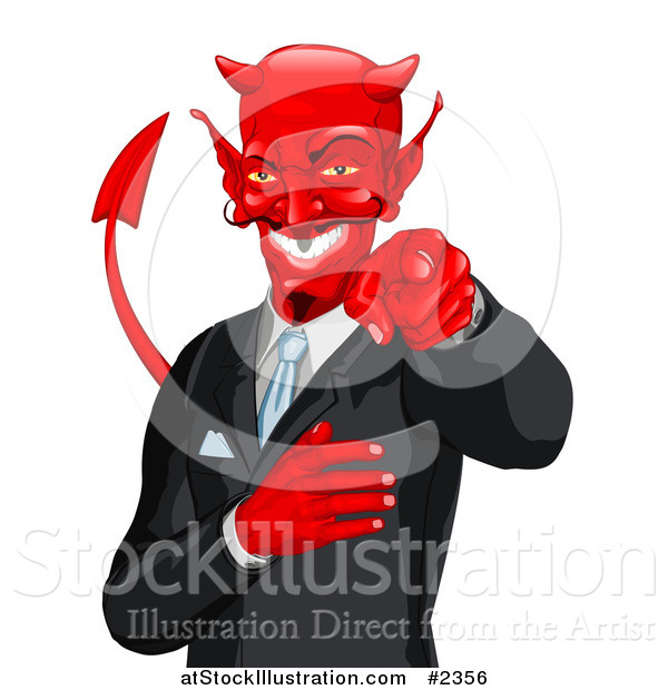 Vector Illustration of a Grinning Businessman Devil Pointing Outwards