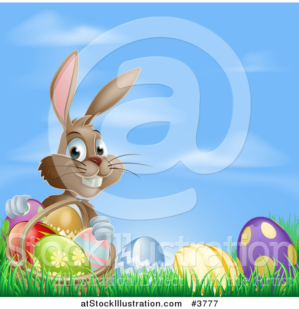 Vector Illustration of a Grinning Easter Bunny with Eggs and a Basket in Grass over Blue Sky