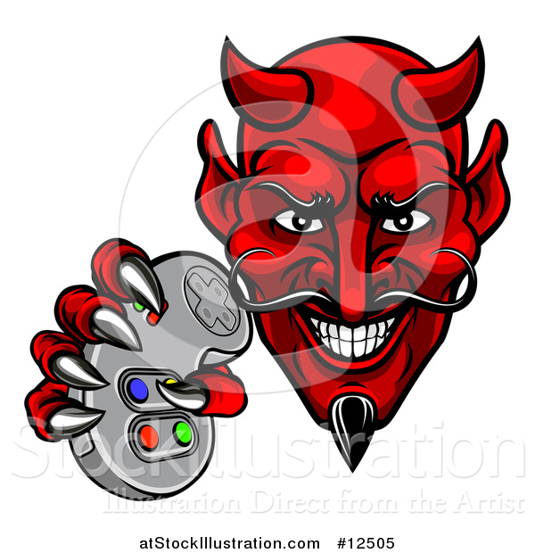 Vector Illustration of a Grinning Evil Red Devil Holding a Video Game Controller