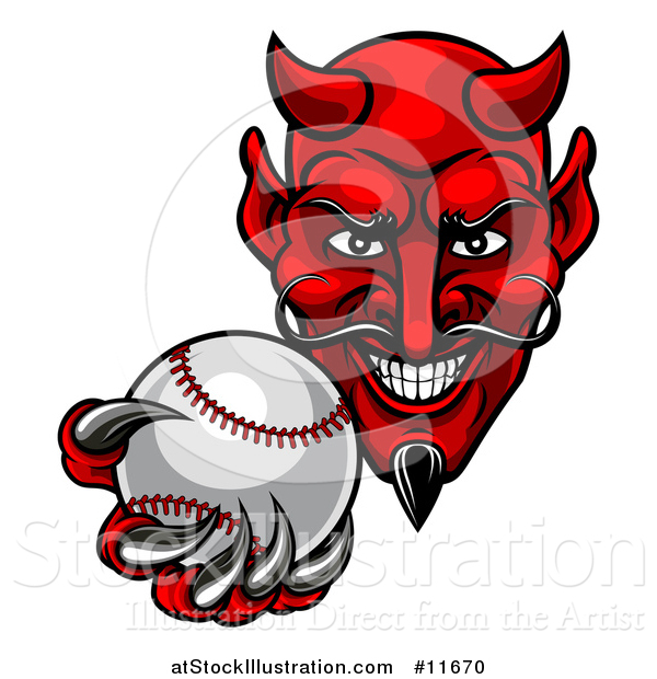 Vector Illustration of a Grinning Evil Red Devil Holding out a Baseball in a Clawed Hand