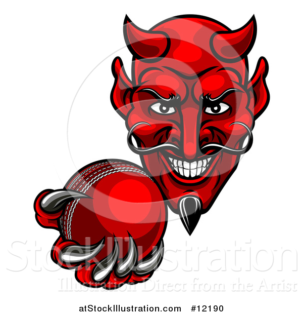 Vector Illustration of a Grinning Evil Red Devil Holding out a Cricket Ball in a Clawed Hand