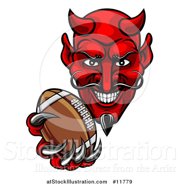 Vector Illustration of a Grinning Evil Red Devil Holding out a Football in a Clawed Hand