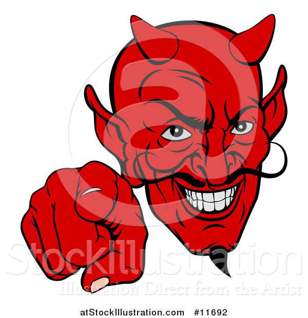 Vector Illustration of a Grinning Evil Red Devil Pointing Outwards