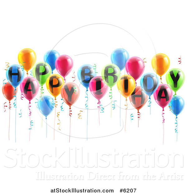 Vector Illustration of a Group of 3d Colorful Party Balloons and Ribbons with Happy Birthday Text